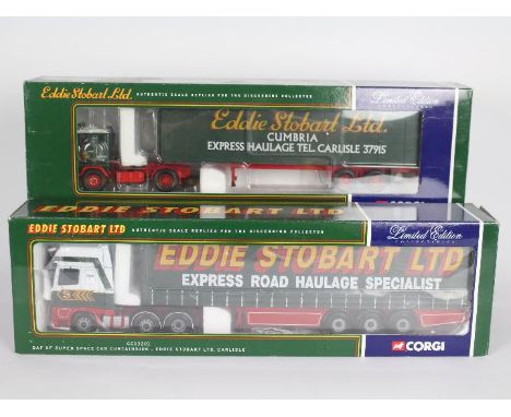 Corgi - two Eddie Stobart 1:50 scale models, Volvo F88 box trailer (no mirrors) CC13101 and DAF XF super space cab curtainsid