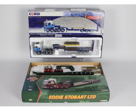 Corgi - two Eddie Stobart 1:50 scale models, Scania R Nooteboom step frame trailer CC13745 and Scania Low Loader CC12203, bot