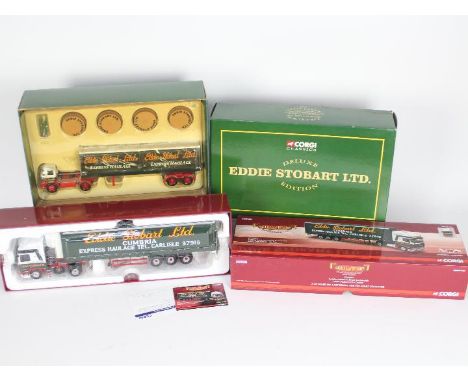 Corgi - two Eddie Stobart boxed sets comprising deluxe edition, diecast model Foden Artic Trailer with container, figures and