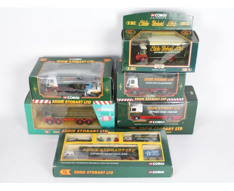 Corgi - six Eddie Stobart diecast model trucks / trailers comprising multi-model boxed set with figures, signs and cones, als