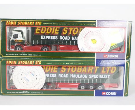 Corgi - two Eddie Stobart 1:50 scale models, Volvo Globetrotter curtainside CC12401 and Renault Premium curtainside 75601, bo