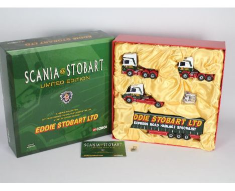 Corgi - an Eddie Stobart limited edition gift set No. CC99155 1:50 scale 3 trucks, curtainside trailer and limited edition bo