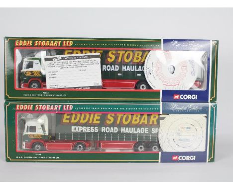 Corgi - two Eddie Stobart 1:50 scale models, Scania Box Trailer 76602 and MAN curtainside 75804, both appear mib with mirrors