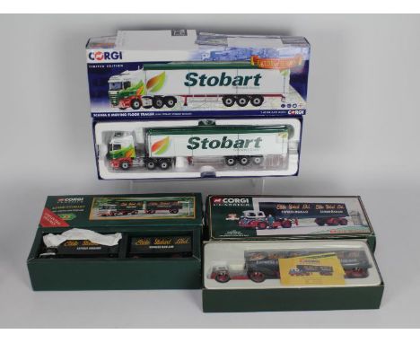 Corgi - three Eddie Stobart 1:50 scale models, Scania R moving floor trailer CC13768, AEC Truck and Trailer (with figures) 97