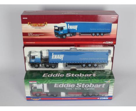 Corgi - two Eddie Stobart 1:50 scale models, Mercedes Benz Actros curtainside CC13812 and Volvo FH curtainside CC14002, both 