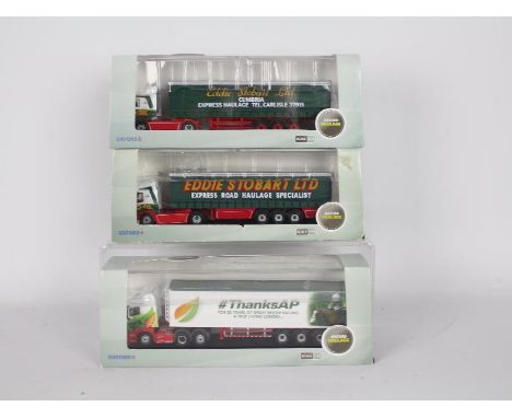 Oxford Haulage - three 1:76 scale Ebbie Stobart trucks with trailers, # 76DAF003, 76SHL06WF and STOB037, all appear mint in m