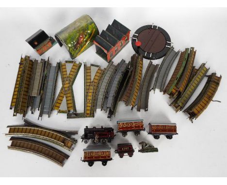 Bing - A box of loose Miniature 1920s 00 gauge Table Railway items. Contains a clockwork 2-4-0 loco with key, 3 x coaches, 26