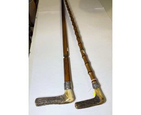 A late 19th Century bamboo riding stick with antler handle, 80cm, and another (2).