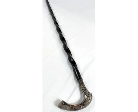 An Art Nouveau continental walking stick with spiral ebony shaft and 800 standard silver handle, 90cm.