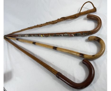 A vintage Malacca stick with stitched leather handle, 92cms, and three others (4).