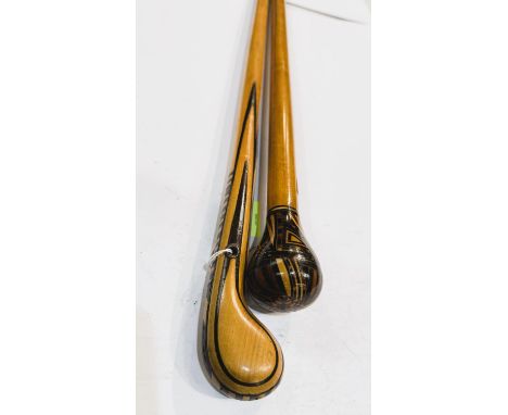 A vintage hardwood walking stick with parquetry work inlay to the handle, 88cm, and another (2).