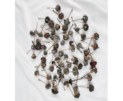 A large collection of silver, white metal Chinese stone set snuff bottle tops, various sizes etc.