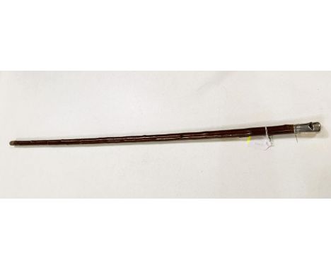 An early 20th Century cherry wood walking stick with white metal whistle finial stamped Brigg, 84cm.