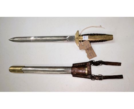 An early 20th Century Chinese military knife with brass fittings, metal scabbard and leather frog.