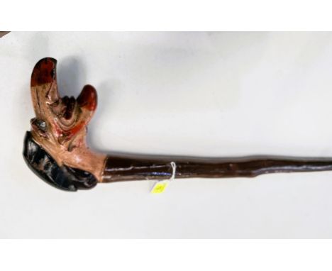 A 19th Century carved stick, possibly continental, with painted wood handle of 'Punchinello', 94cm.