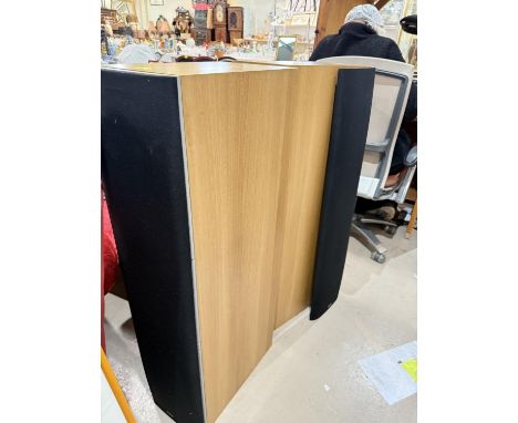 A pair of floor standing Bower &amp; Wilkins DM603 speakers, light wood effect finish.
