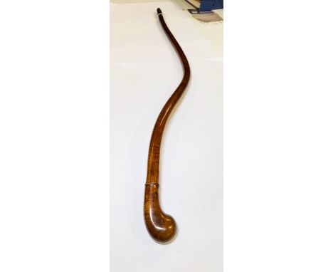 An unusual figured hardwood asymmetric stick with polished handle, 93cm.