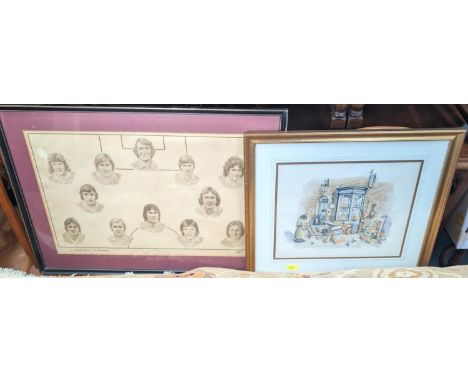 A signed Albin Trowski print of antiques, framed and glazed and a Manchester United 1970's print, signed and framed.