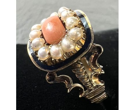 A 19th century 15ct mourning ring set with a rectangular coral surrounded by 12 seed pearls in black enamel, 4gms, size NThe 