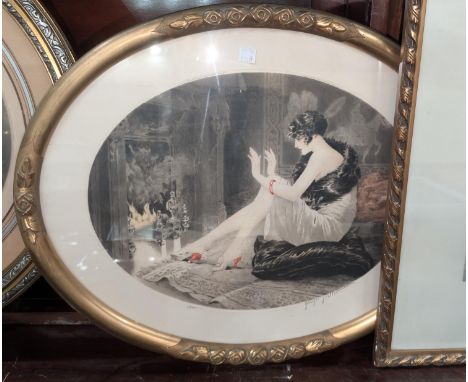 Georges Grellet,&nbsp;'Boudoir School', drawing room scene with a young lady in Art Deco attire warming herself by the fire, 