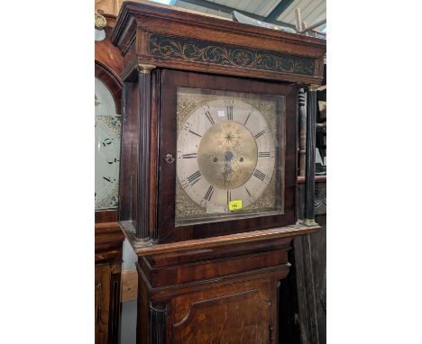 An 18th Century oak longcase clock with cross banded decorated, the door with reeded columns, 1/4 reeded columns to the trunk