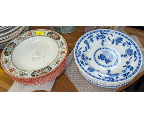A selection of Mintons 1868 'Trophy' plates, other similar 19th century and later ceramics.
