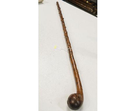 A 19th Century briar walking stick with folk art scratched penwork decoration of domestic animals, signed GEORGE GOODAY, JULY