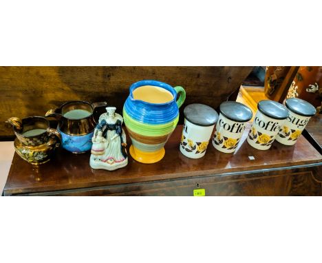 An unusual W. Goss Art Deco jug, vintage storage jars and lustre jugs.