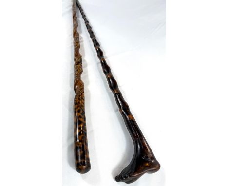 A vintage polished wood stick with foot finial, 89cm, and another (2).