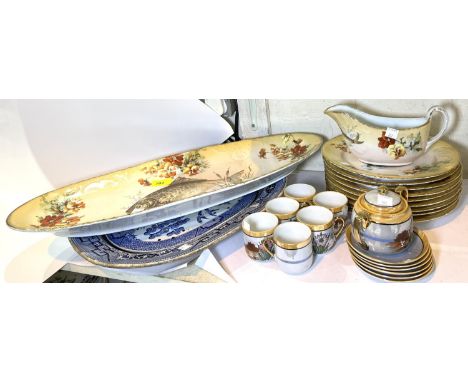 A fish service comprising of salmon platter and 8 plates; a blue and white meat plate and drainer, a Japanese part tea set. s