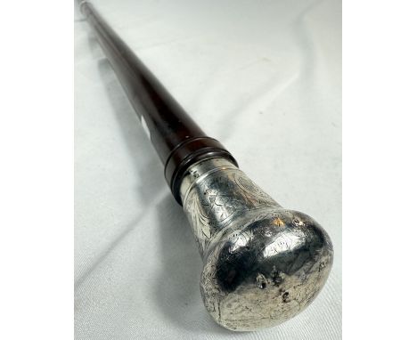 A 19th Century turned hardwood stick with engraved silver finial, 90cm.