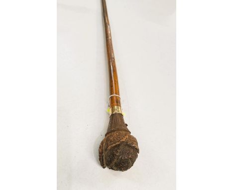 A 19th Century Black Forest carved wood novelty stick finial with rabbit leaping from cabbage, with associated shaft, 86cm.