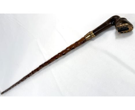 A 19th Century sword stick with polished briar shaft and gilt metal mounted horn handle in the form of a horse's hoof, 86cm, 