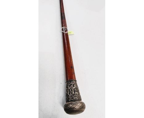 A 19th Century gentleman's Malacca cane with Chinese silver finial decorated with genre scenes, 91cm.