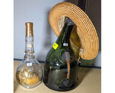 Two vintage glass commemorative flasks - 1892 Exposition Columbia and another, a straw hat, a light wood display cabinet etc.
