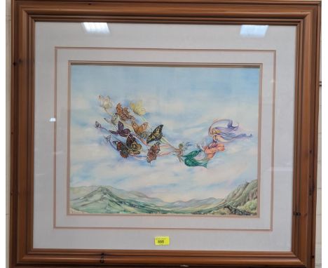 Joy Spencer-Beck, "The Butterfly Chariot", watercolour, signed, 40x50cm, and a print, "Sunset", after J. O'Connor, framed and