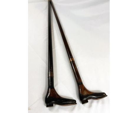 Two vintage polished wood walking sticks with brass button boot finials, 92cm (2).