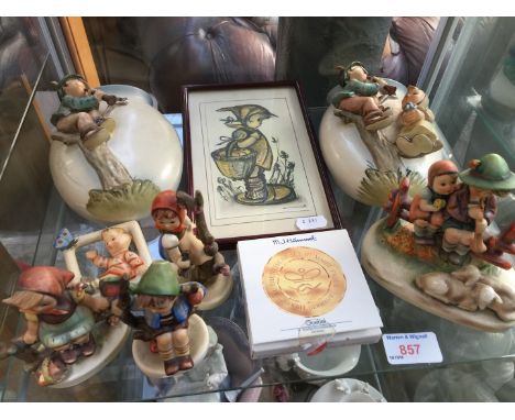 Pair of Hummel wall pockets, five figures, small plaque and a print 