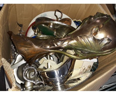 A box of platedware, ceramic items, etc 