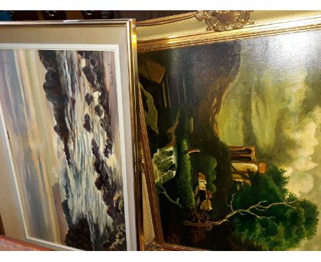 A watercolour, a seascape oil and a landscape oil paintings. 