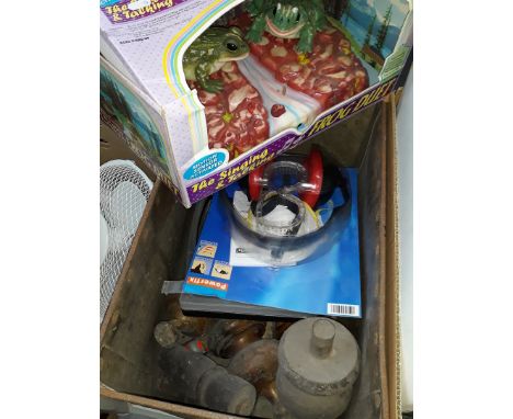 A box of misc including old tools, old wooden furniture bits, a game, etc 