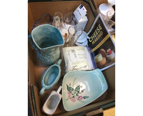 A box of misc including Tchibo mini speaker, cheese making book, various pottery and vases 