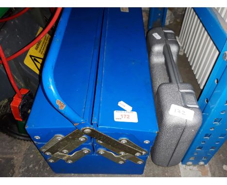 A toolbox with tools and a cased Black &amp; Decker cordless screwdriver 