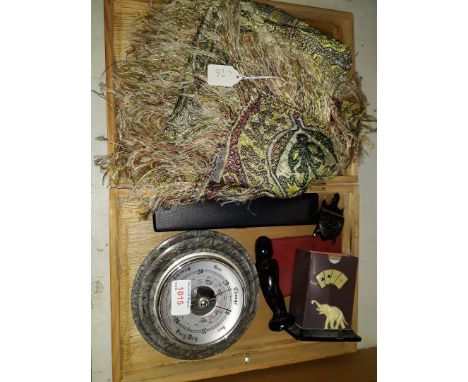 Wooden box of items inc. barometer 