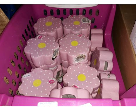 A box of pink ceramic "Annabel" money boxes 