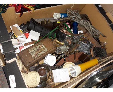 A box of misc garage items including angle brackets, tools, etc 