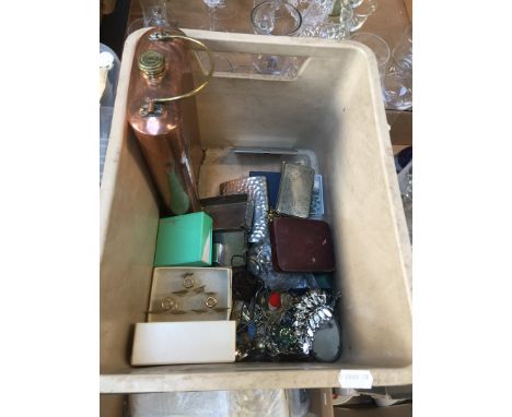 Crate of bric a brac and copper flask 