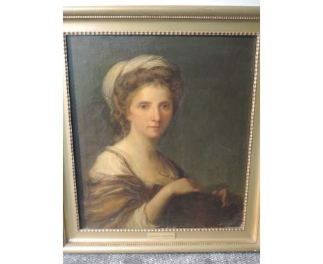 An oil painting, style of Angelica Kaufmann, portrait study, 19th century, indistinctly signed, 62 x 54cm, plus frame