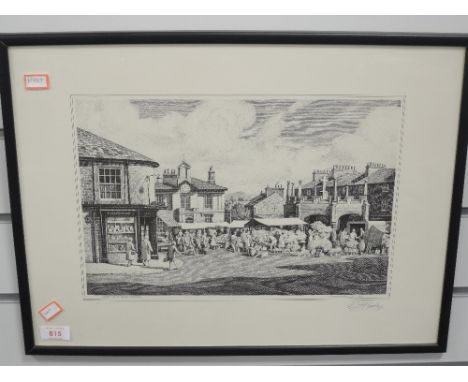 A print, after Geoffrey H Pooley, Market Day at Kirkby Lonsdale, signed, 24 x 36cm, plus frame and glazed