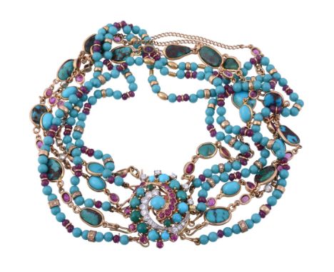 A turquoise, ruby and diamond necklace, with six strands  A turquoise, ruby and diamond necklace,   with six strands, three w